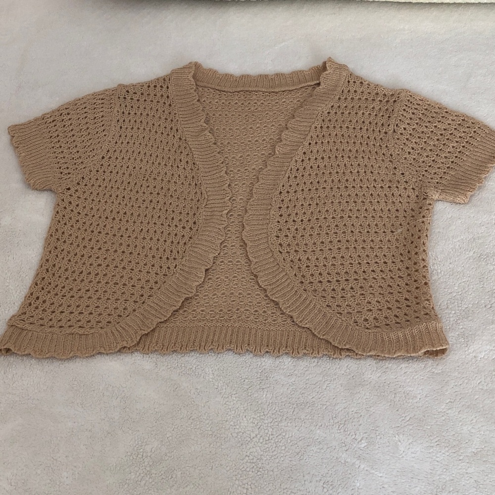 Beige Openwork Short-Sleeve Shrug - Women's Sweater - Picture 11 of 11